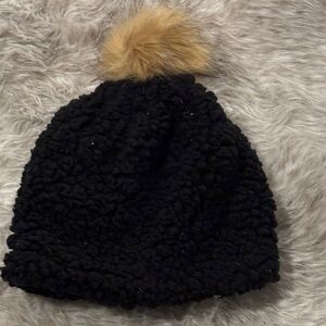 Affordable Fashion Finds Black Textured Beanie with Tan Pom-Pom